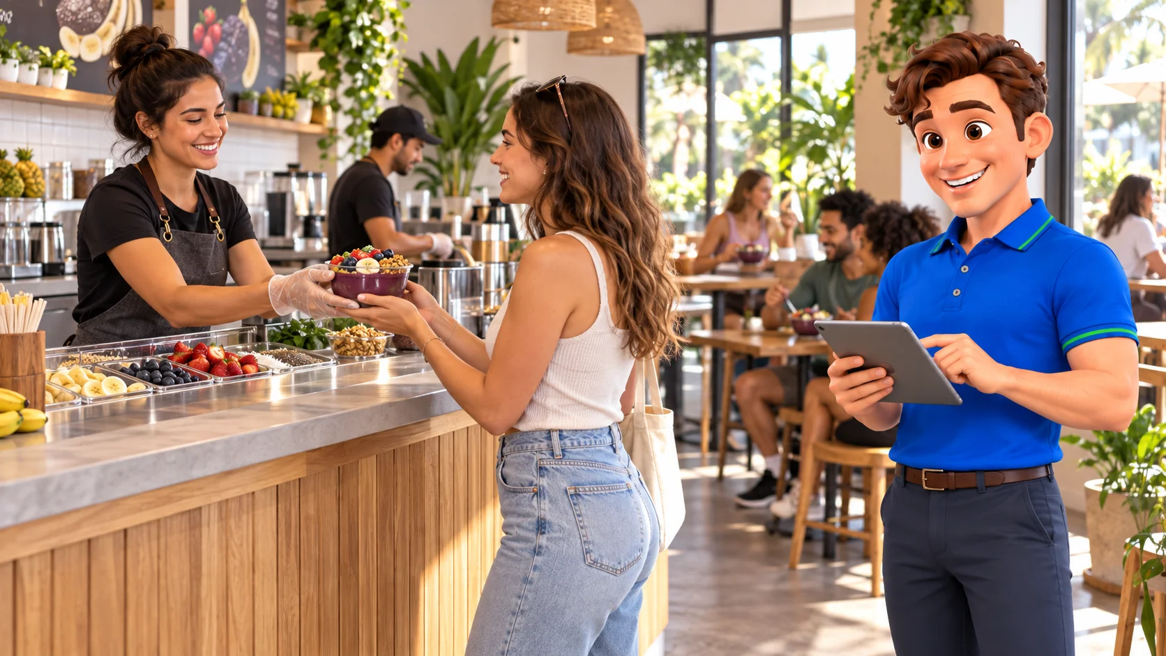 Clark with restaurant staff and guests at açaí bowl shop premises