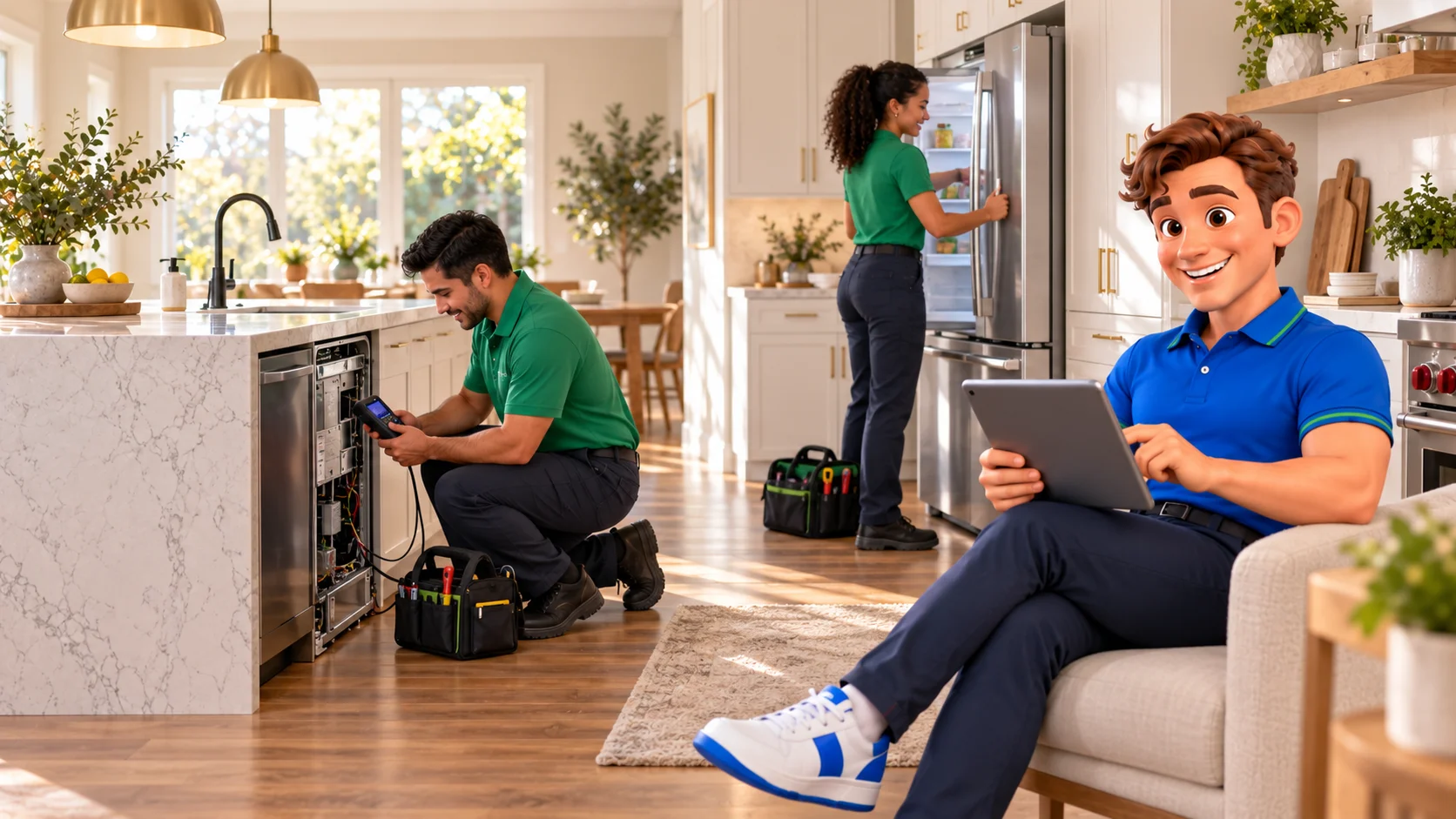 Clark with appliance repair technicians diagnosing a dishwasher in a bright kitchen
