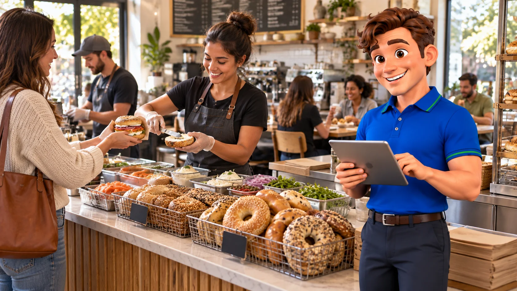 Clark with restaurant staff and guests at bagel shop premises