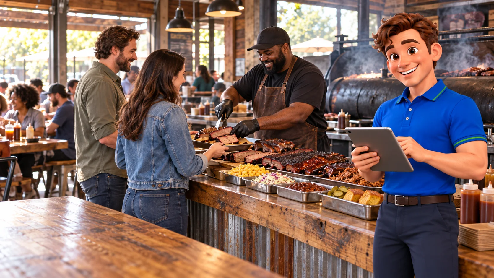 Clark with restaurant staff and guests at barbecue restaurant premises