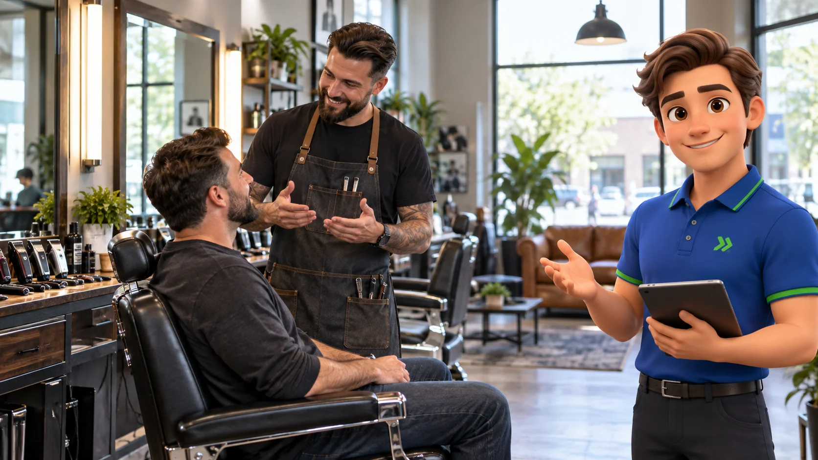Clark with a barber and seated adult customer in a modern neighborhood barbershop
