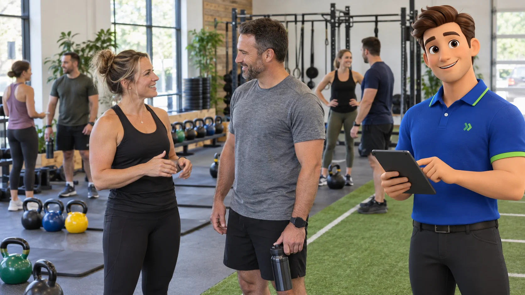 Clark with an independent bootcamp studio owner and customer in a bright independent bootcamp training studio with real owner and member conversing