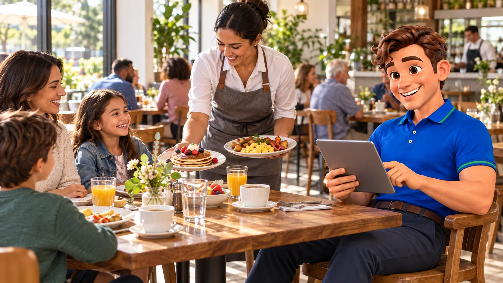 Clark with restaurant staff and guests at breakfast and brunch restaurant premises