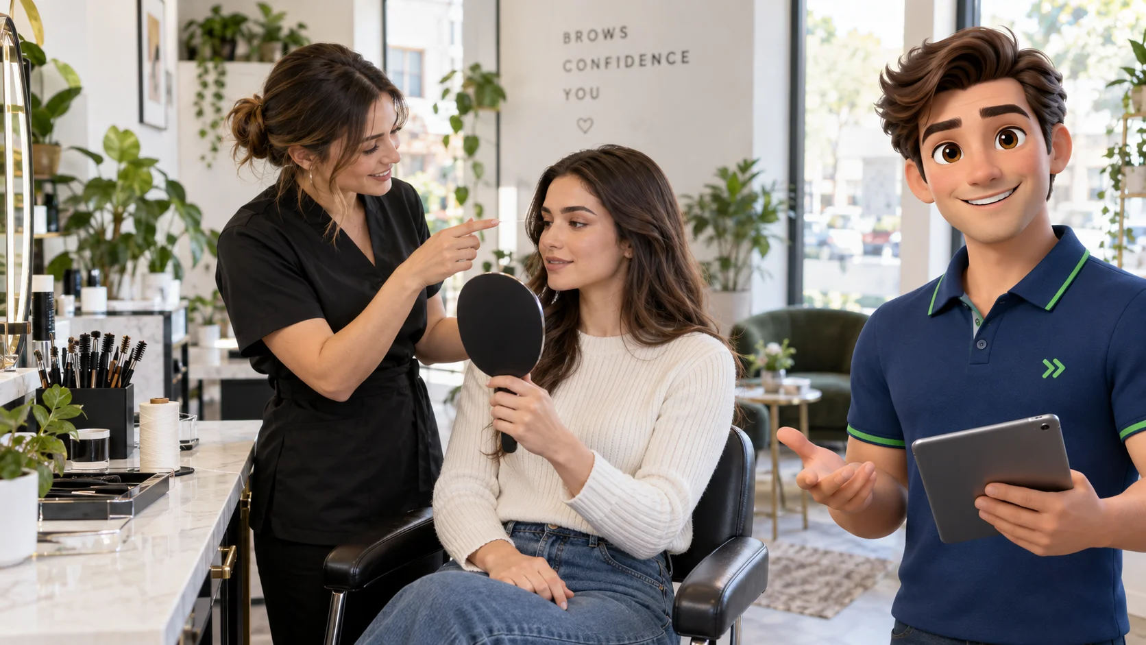 Clark with a brow studio specialist holding a consultation mirror for an adult client
