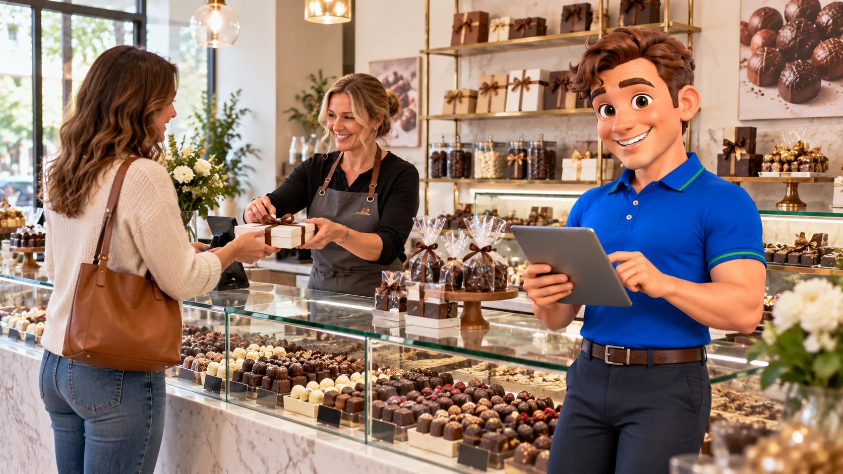 Clark with a confectionery shopkeeper boxing chocolates for a customer