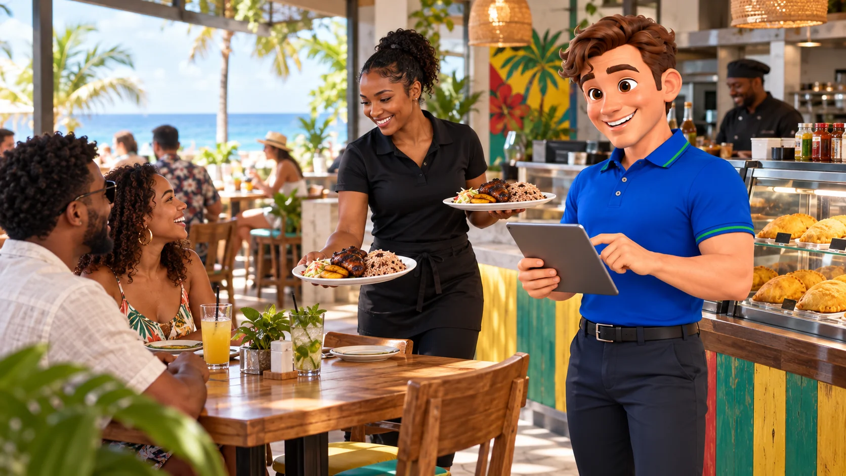 Clark with restaurant staff and guests at Caribbean restaurant premises