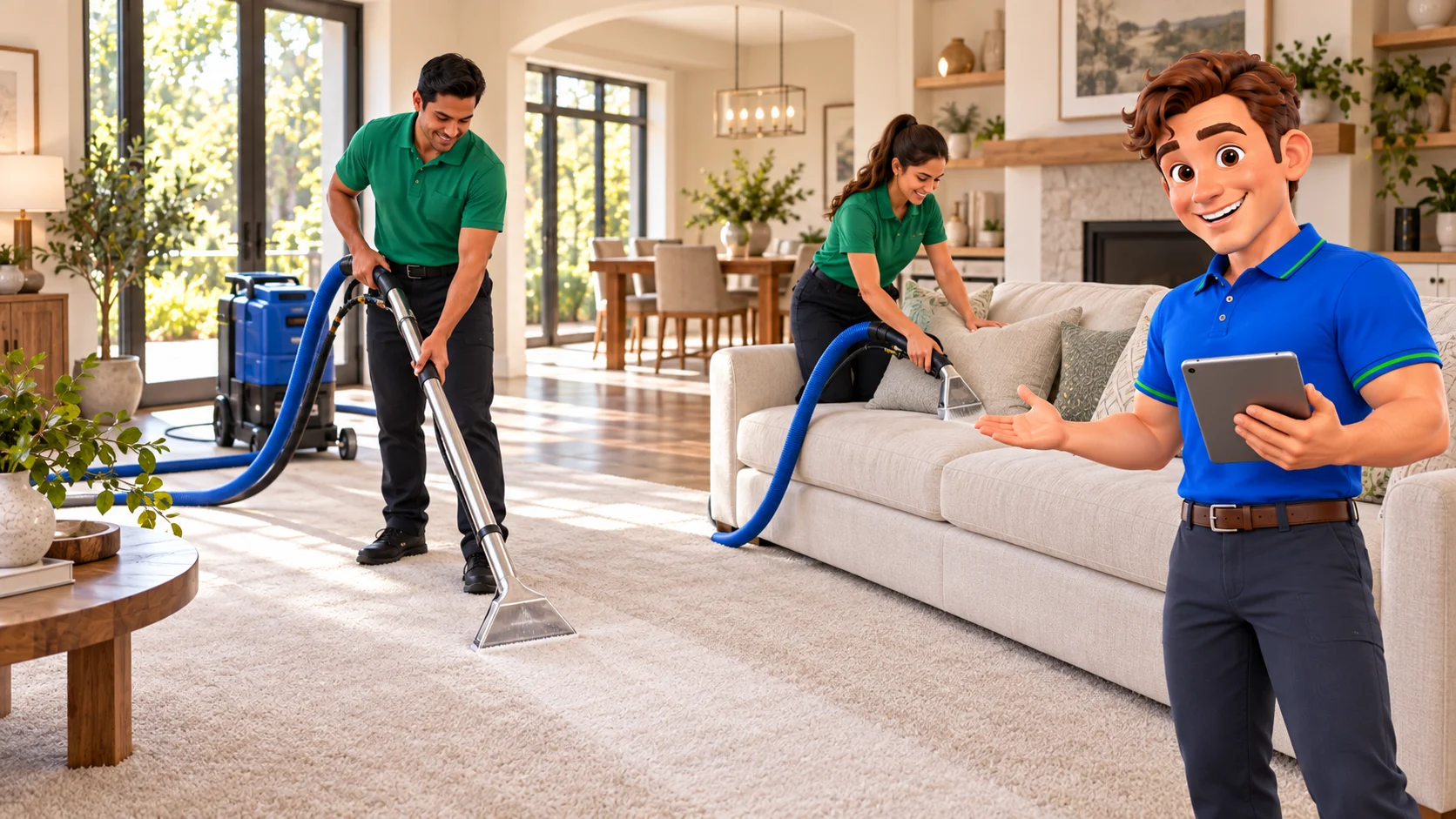 Clark with carpet and upholstery cleaning technicians in a bright home