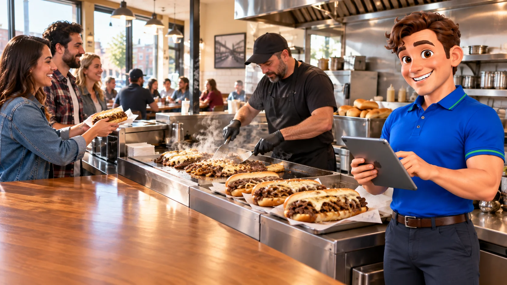 Clark with restaurant staff and guests at cheesesteak shop premises
