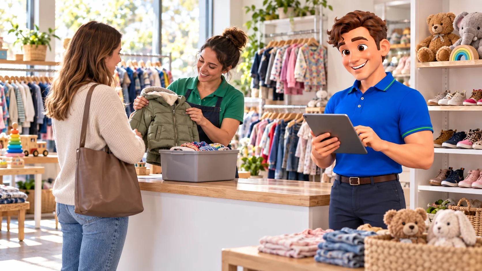 Clark with a children’s resale associate inspecting a used jacket from a parent