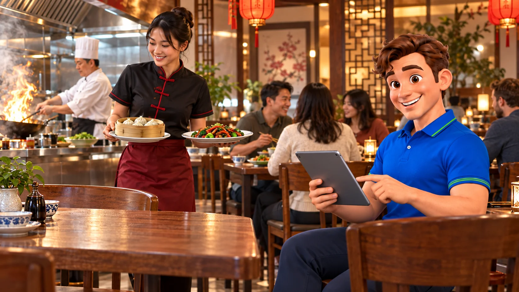 Clark with restaurant staff and guests at Chinese restaurant premises