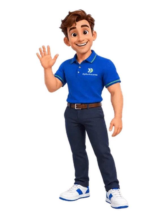 Clark, the My Own Franchise mascot, standing and waving