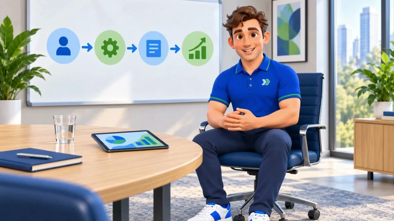 Clark explains the franchise journey in a bright office with a planning board and business charts