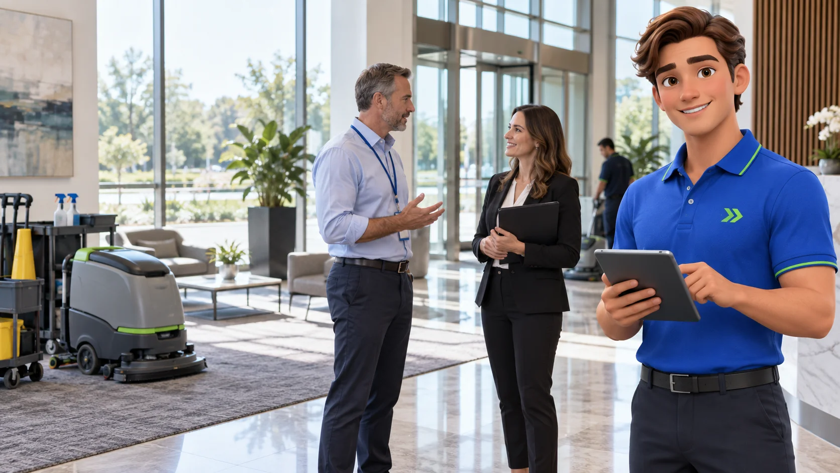 Clark with an independent commercial floor care business owner and customer in a bright commercial lobby with attractive carpet and polished floor