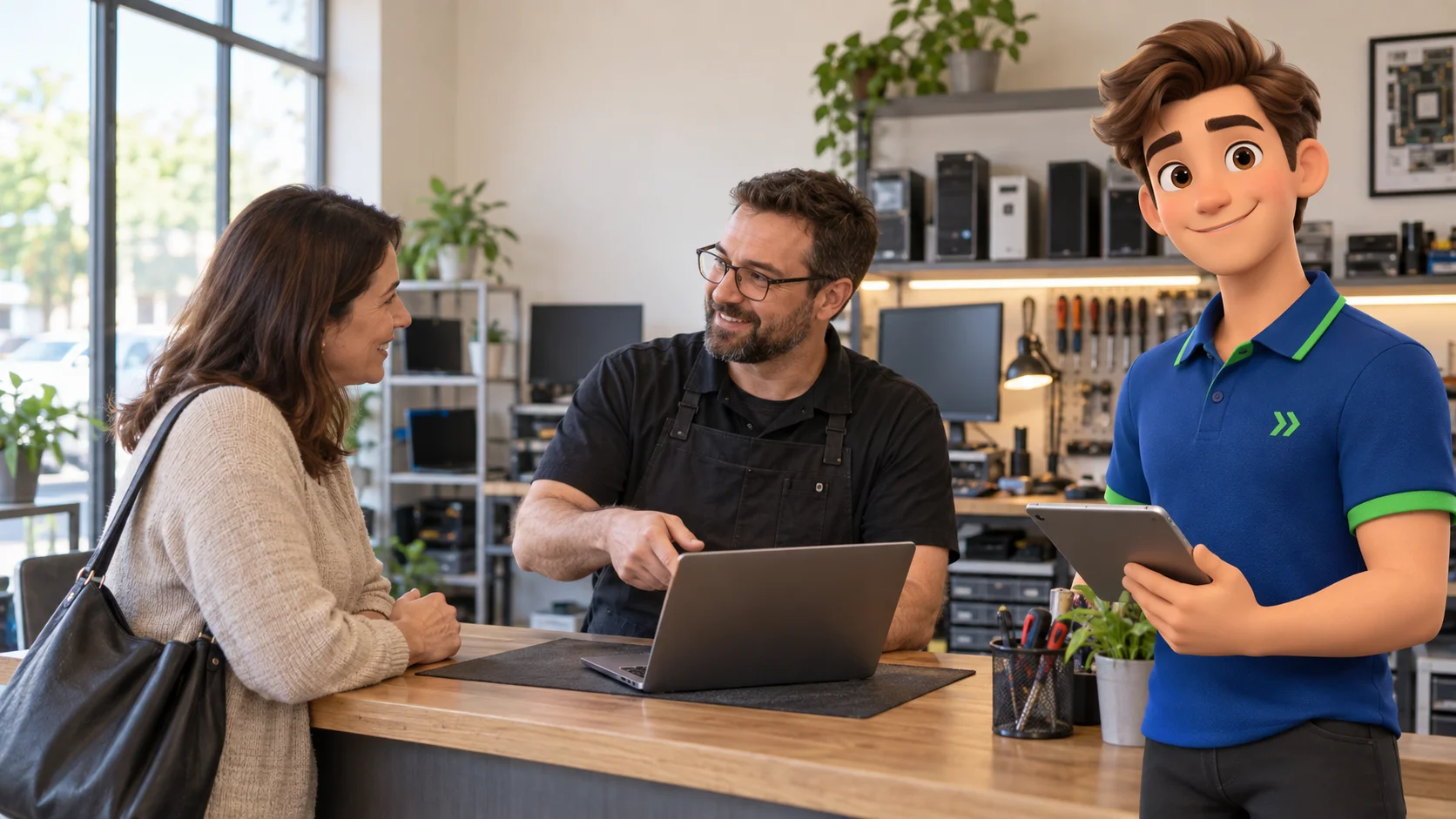 Clark with an independent computer repair business owner and customer in a bright independent computer repair shop with real owner and real customer beside laptop on service counter