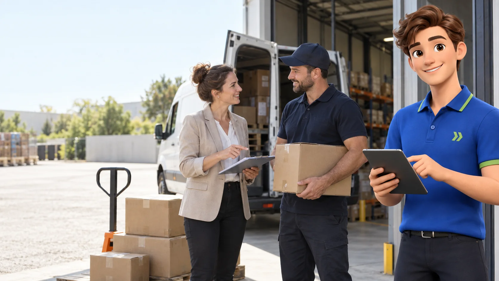 Clark with an independent courier business owner and customer in a bright small business warehouse loading area