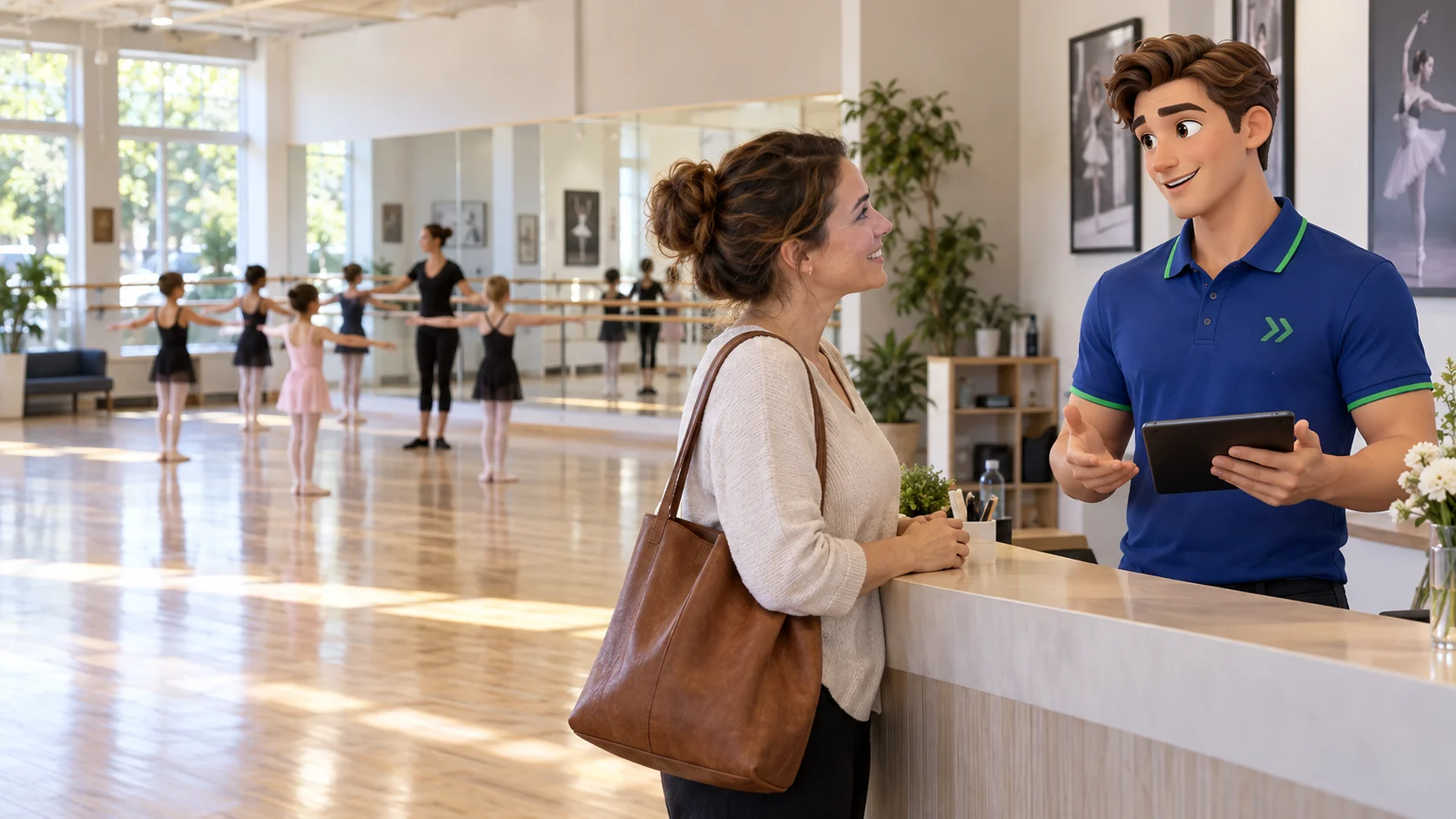 Clark with an independent dance school owner and customer in a bright independent dance school reception by spacious mirrored studio with wooden floor ballet barre