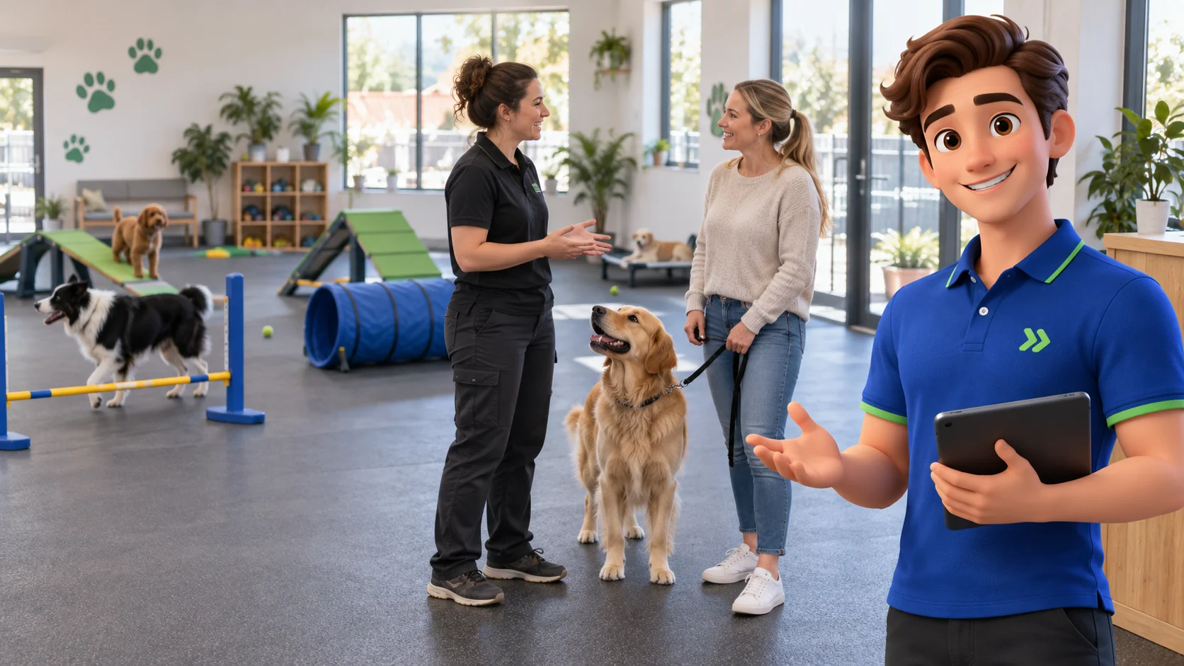 Clark with an independent dog fitness business owner and customer in a bright indoor dog activity center