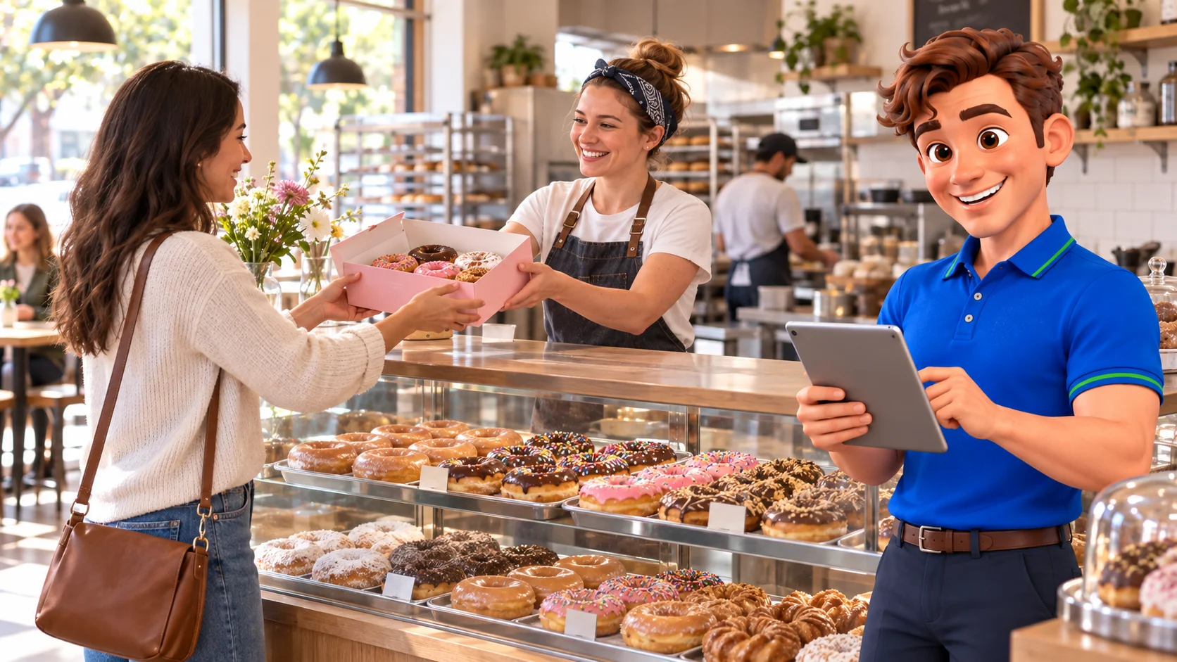 Clark with restaurant staff and guests at donut shop premises