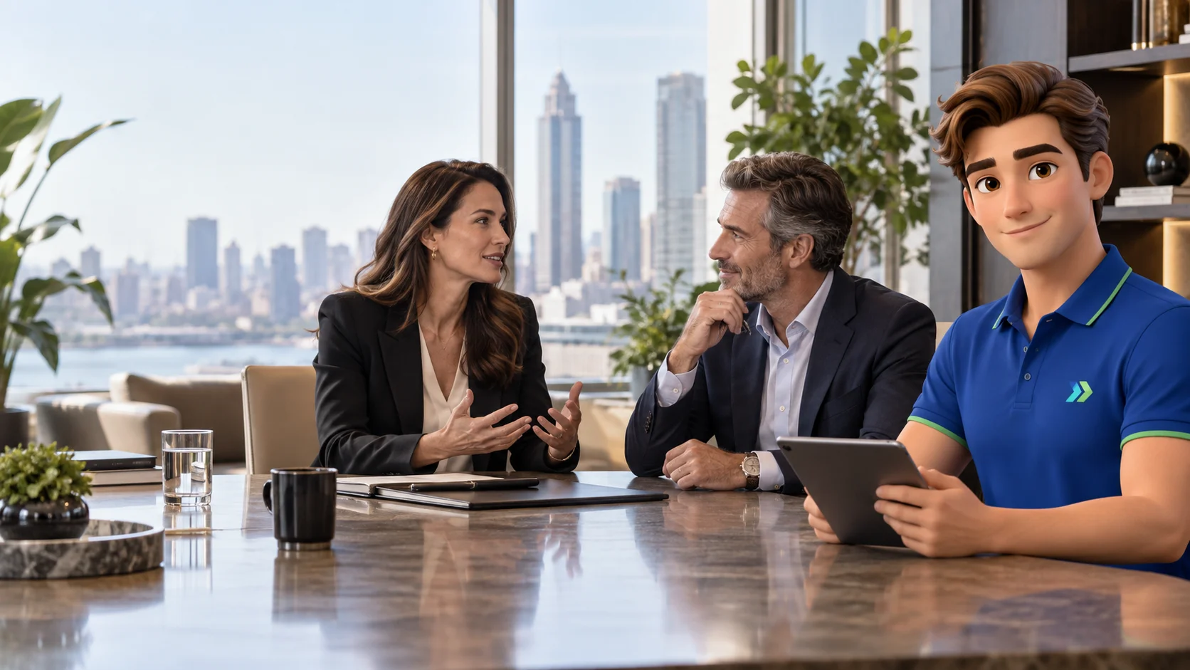 Clark with an independent executive search firm owner and customer in a professional executive search office with real firm owner and employer representative talking across meeting table