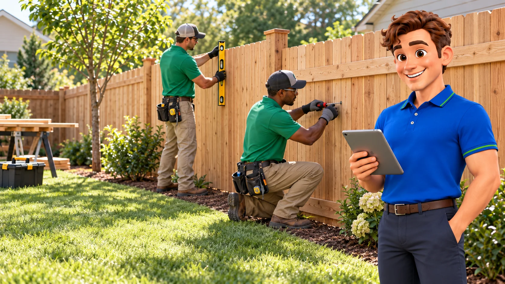 Clark beside fence installers aligning a new wood privacy fence in a residential yard