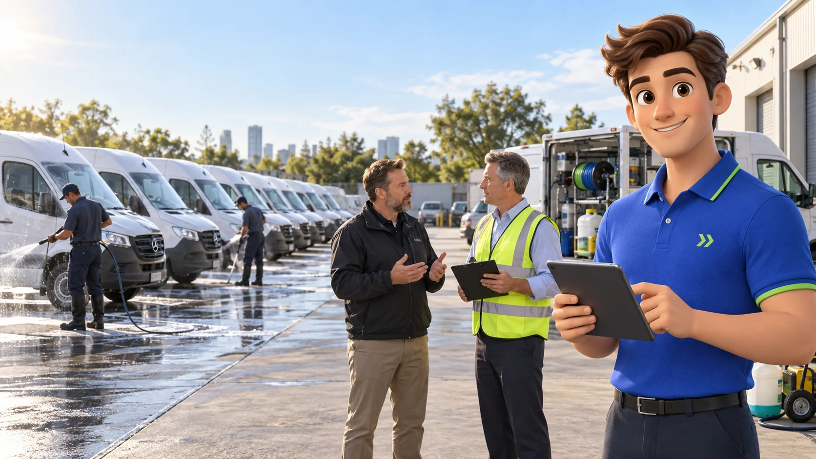 Clark with an independent fleet washing business owner and customer in a commercial vehicle depot in daylight