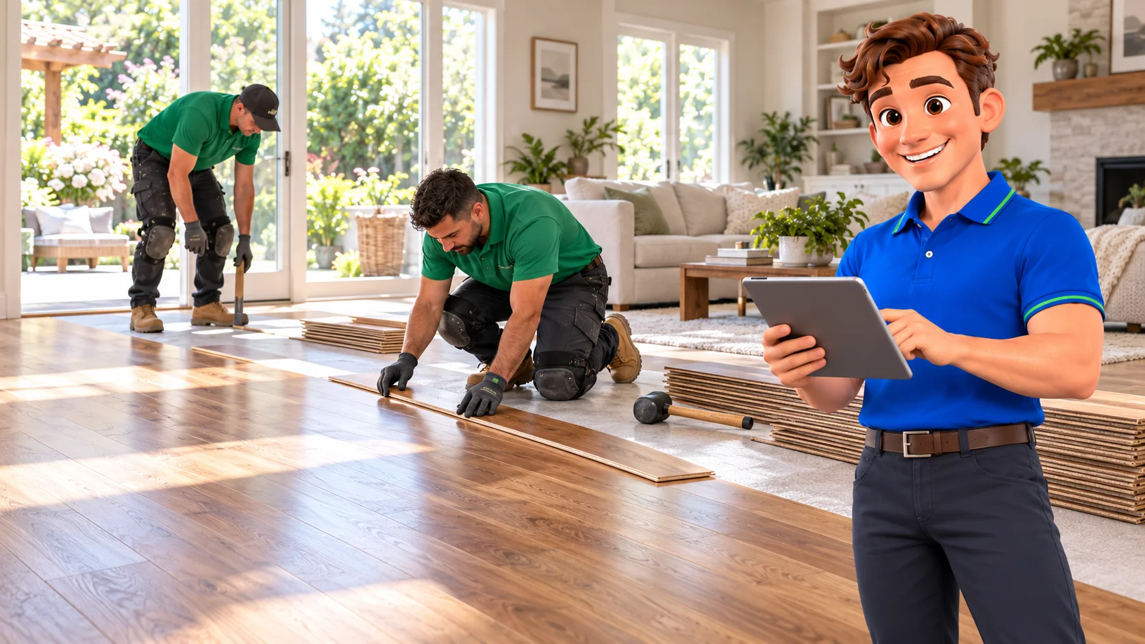 Clark with flooring installers fitting wood planks in a bright residential living room