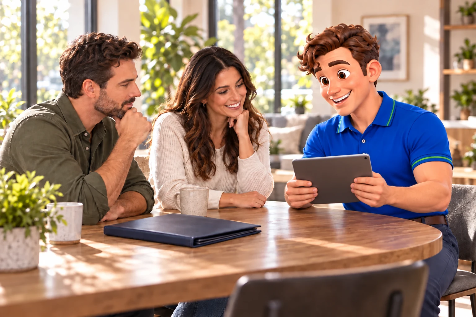 Clark holds a tablet with both hands while speaking with prospective franchise buyers.