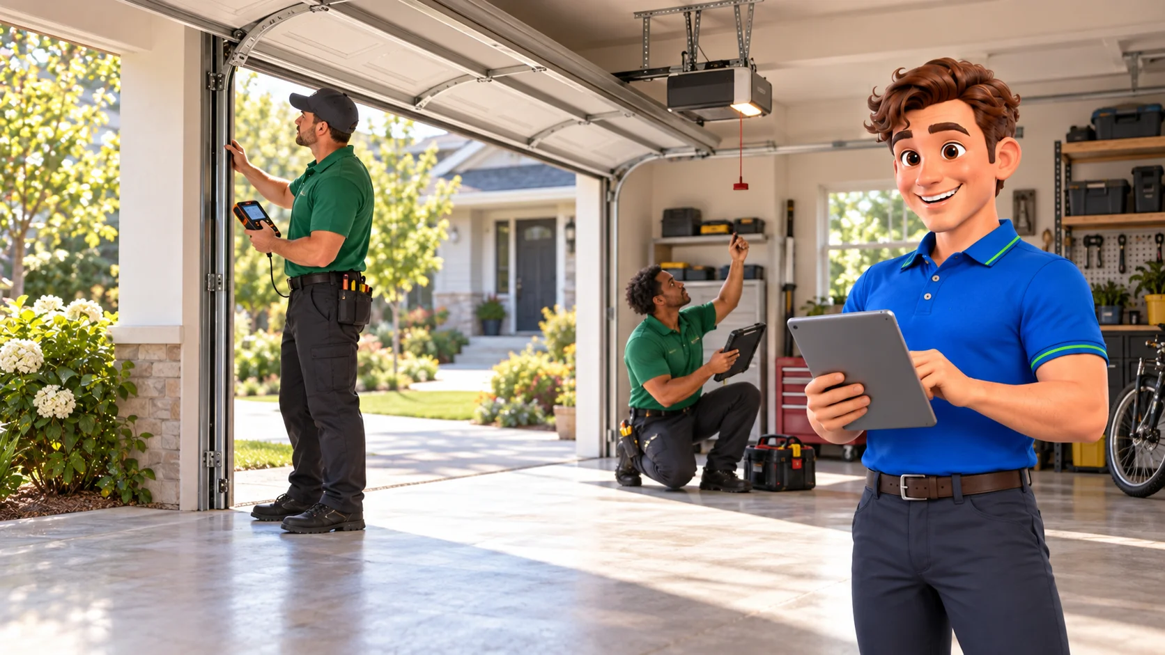 Clark with garage door technicians inspecting a residential garage door and opener