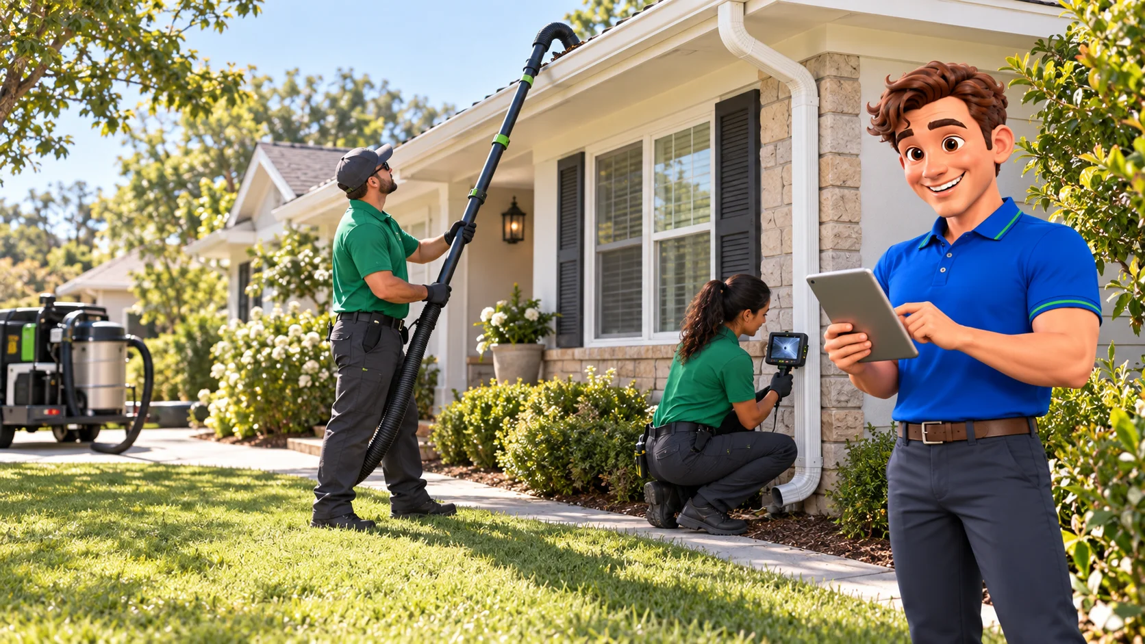 Clark beside gutter service professionals using a ground-based gutter vacuum and inspecting a downspout