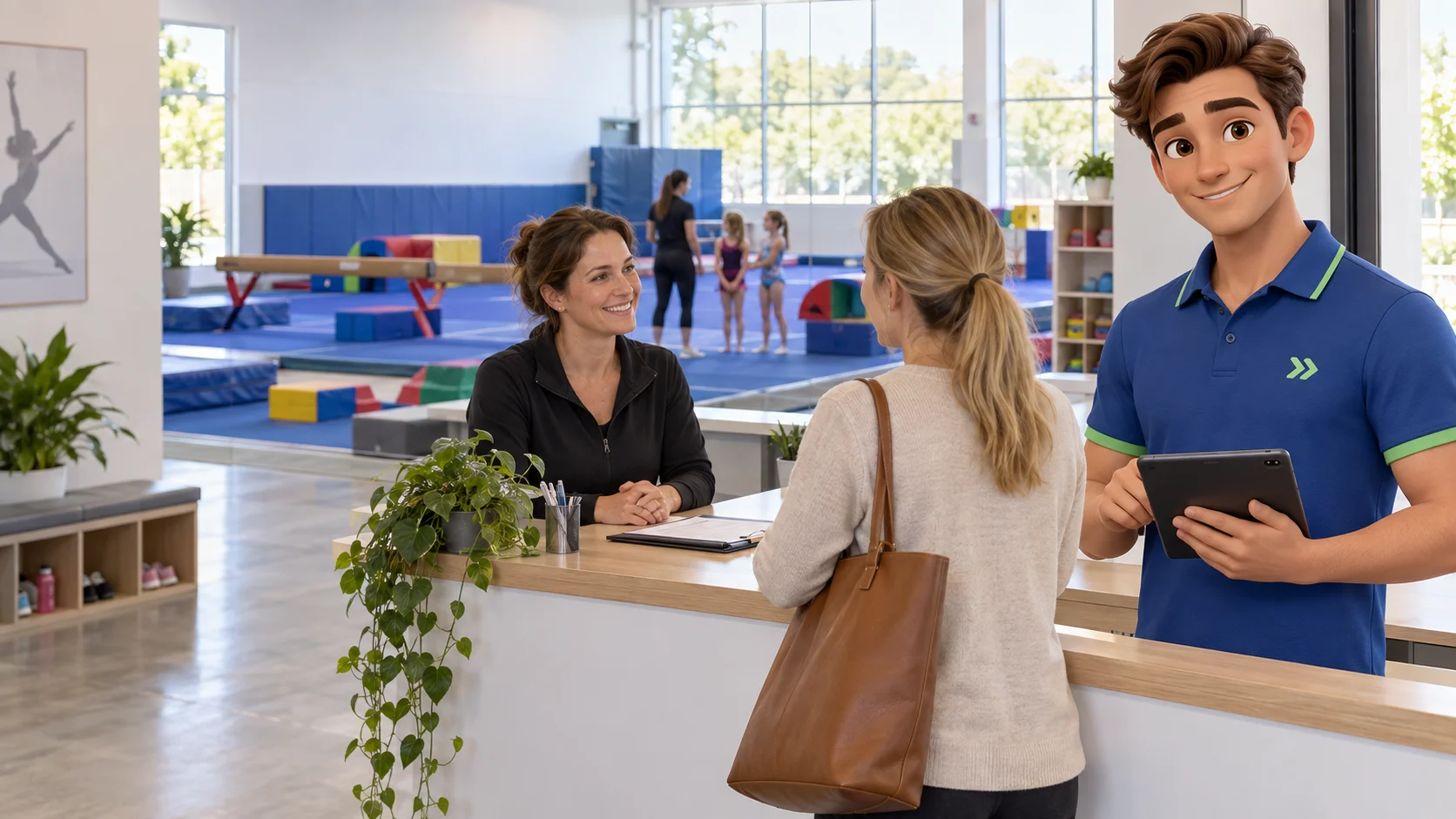 Clark with an independent gymnastics school owner and customer in a bright independent gymnastics center