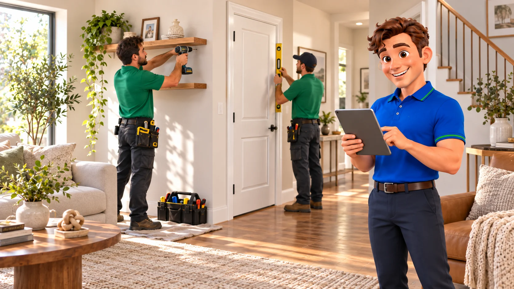 Clark with handyman professionals fitting a shelf and repairing an interior door