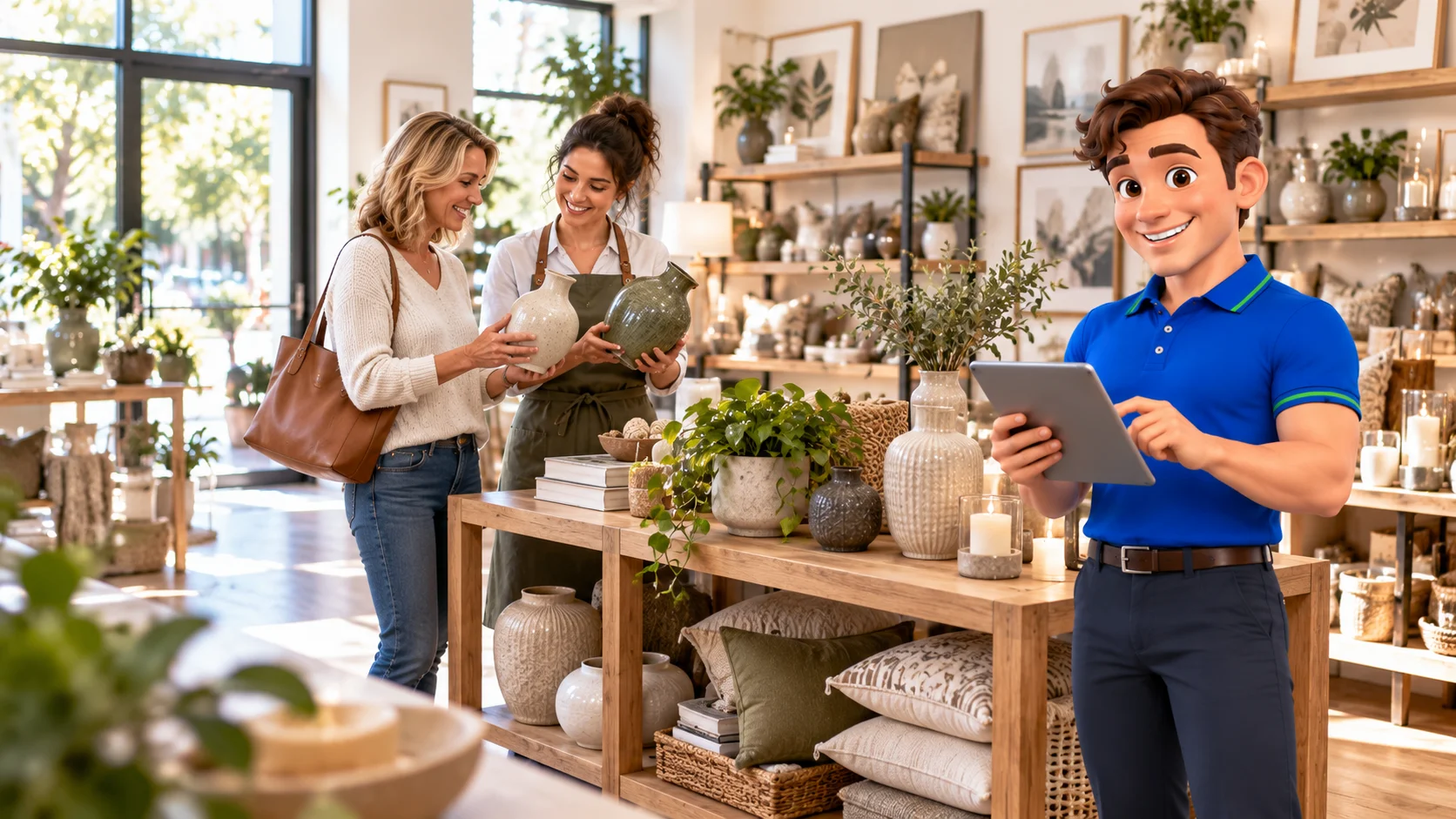 Clark with a home décor owner helping a shopper choose a vase