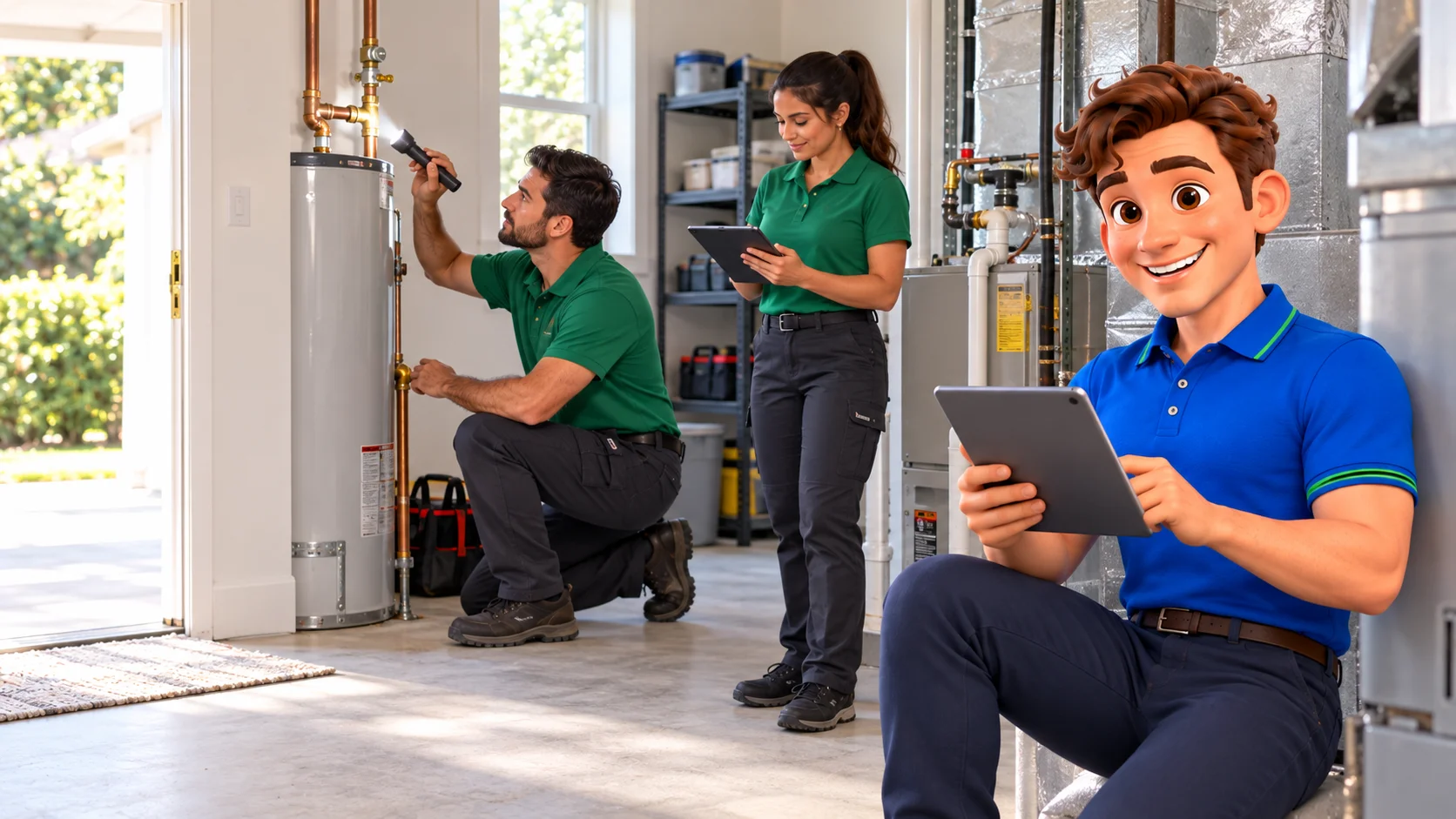 Clark with home inspection professionals checking a residential water heater and taking notes