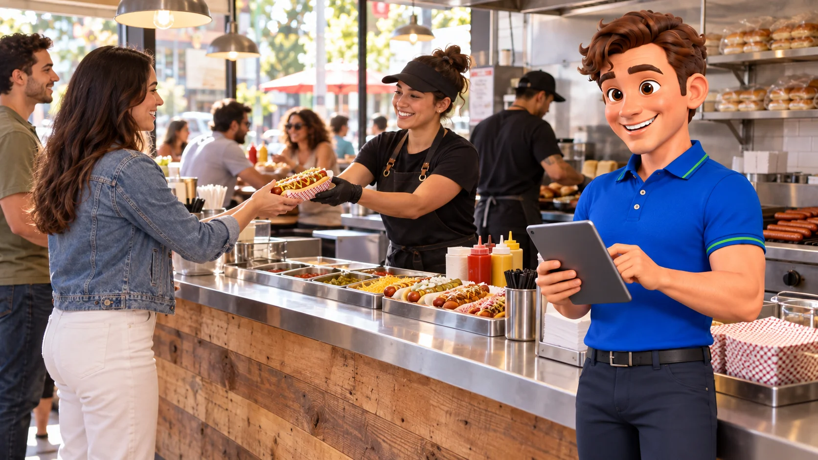 Clark with restaurant staff and guests at hot dog shop premises