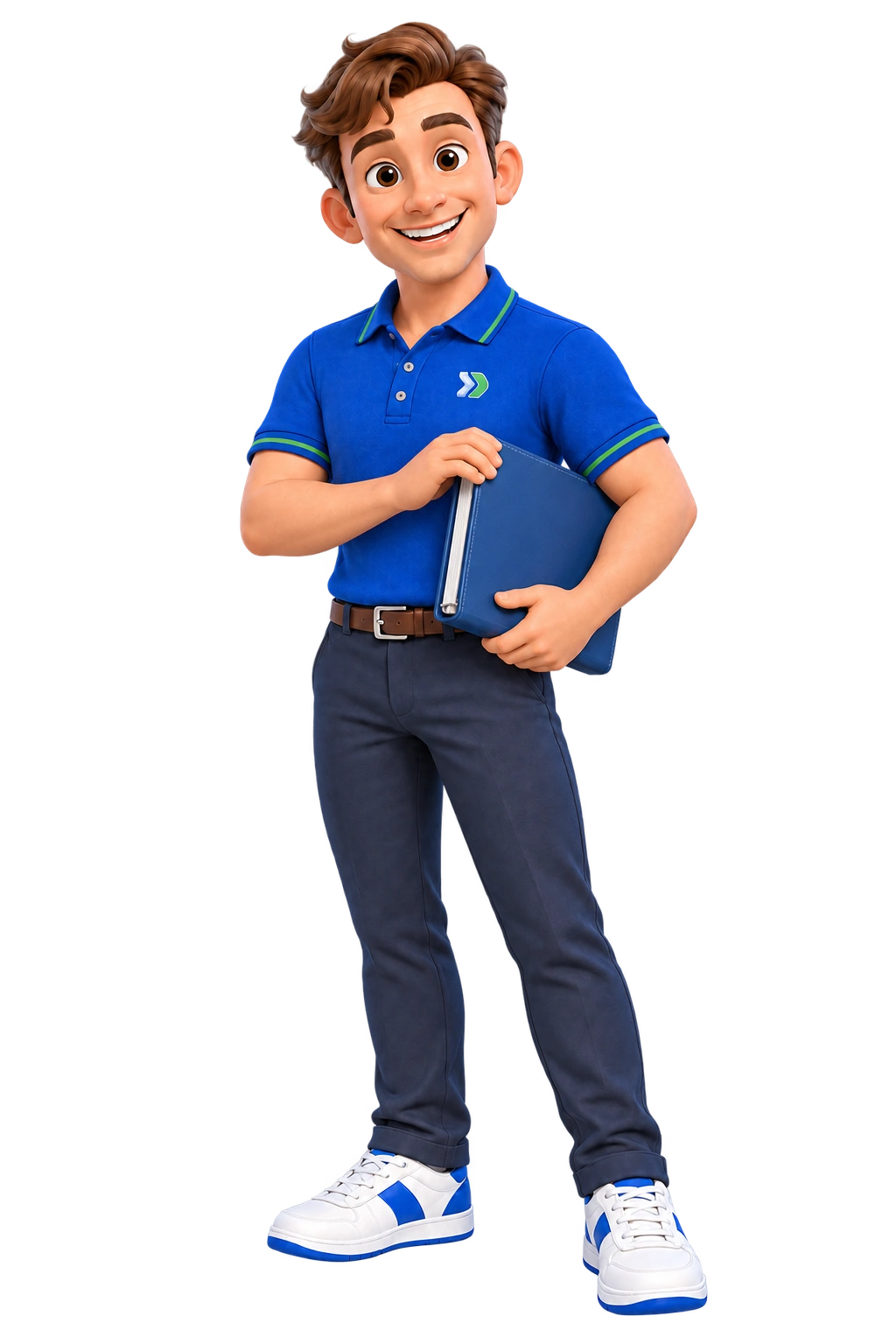 Clark holding a blue planning binder, ready to guide the franchise project