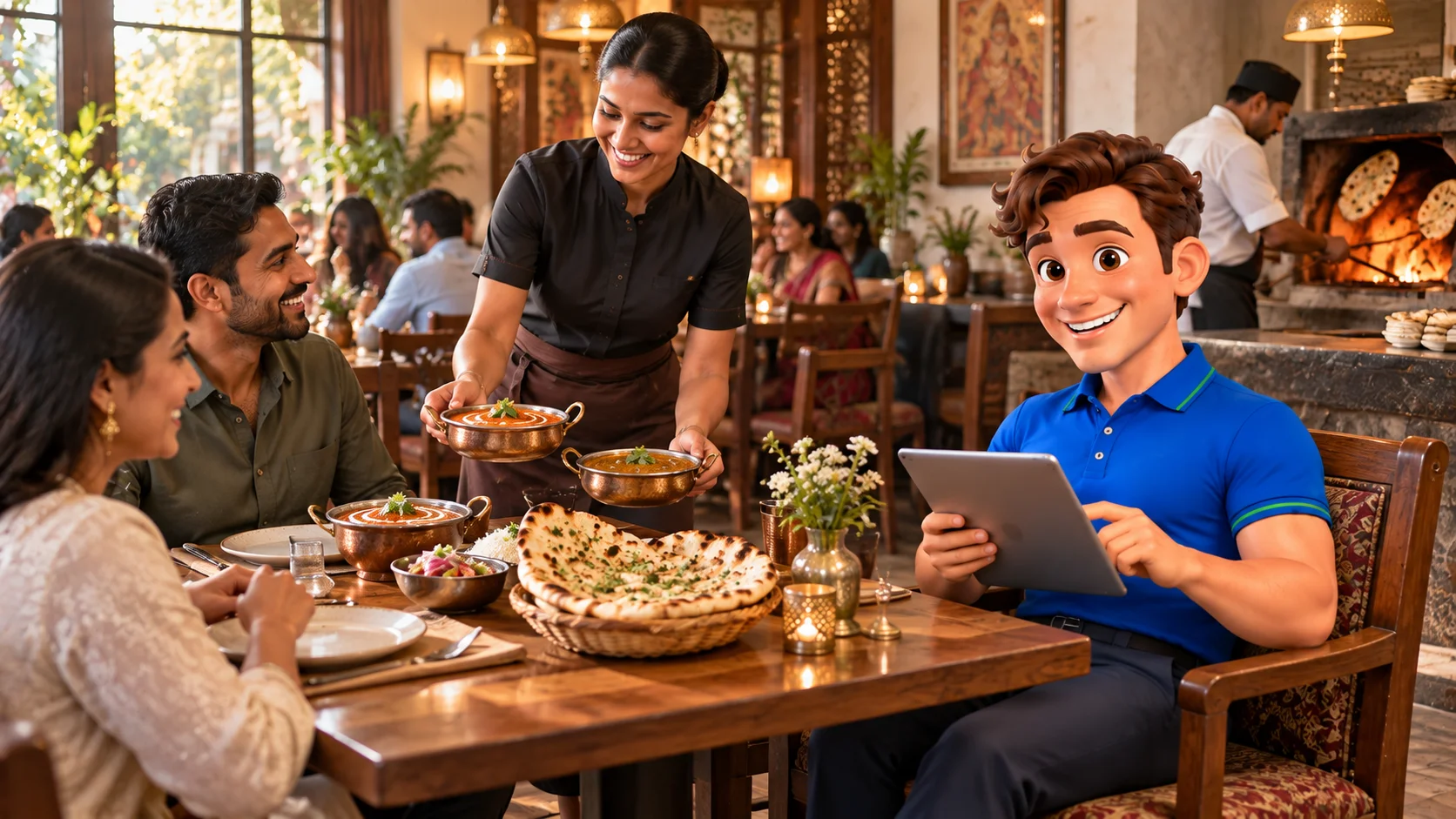 Clark with restaurant staff and guests at Indian restaurant premises