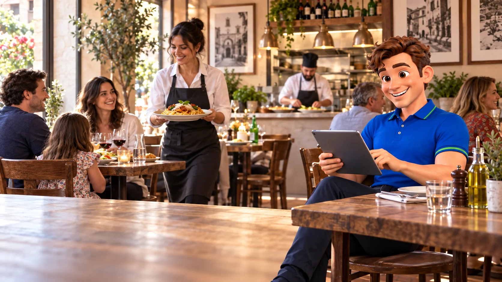 Clark with restaurant staff and guests at Italian restaurant premises