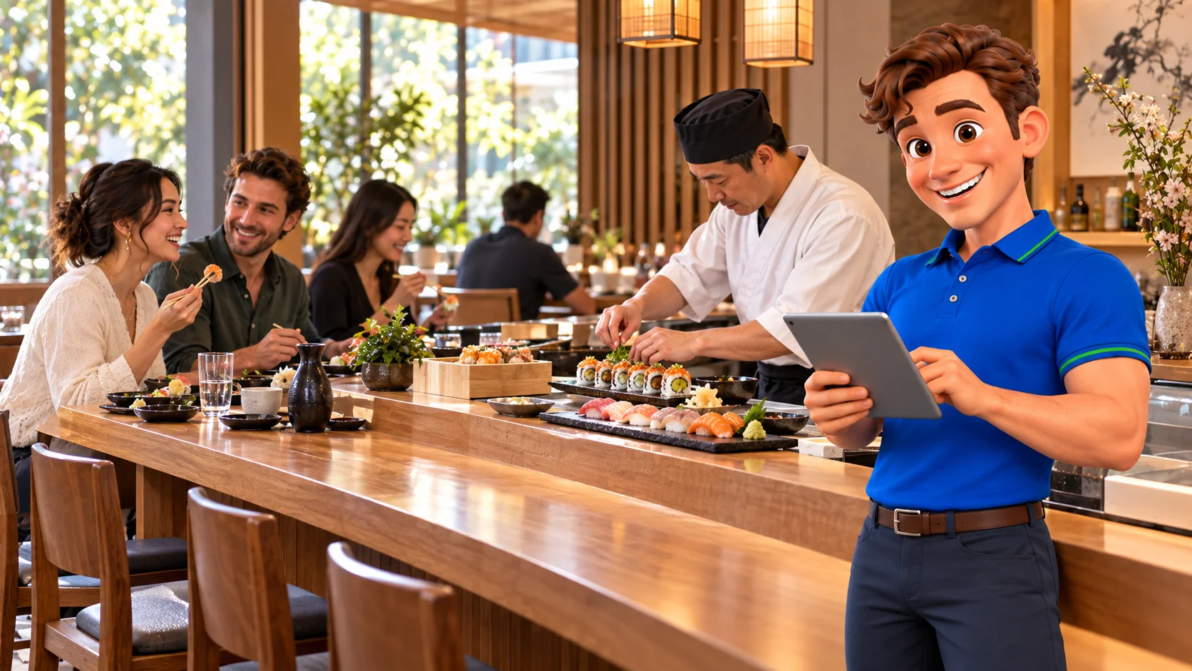 Clark with restaurant staff and guests at Japanese restaurant premises