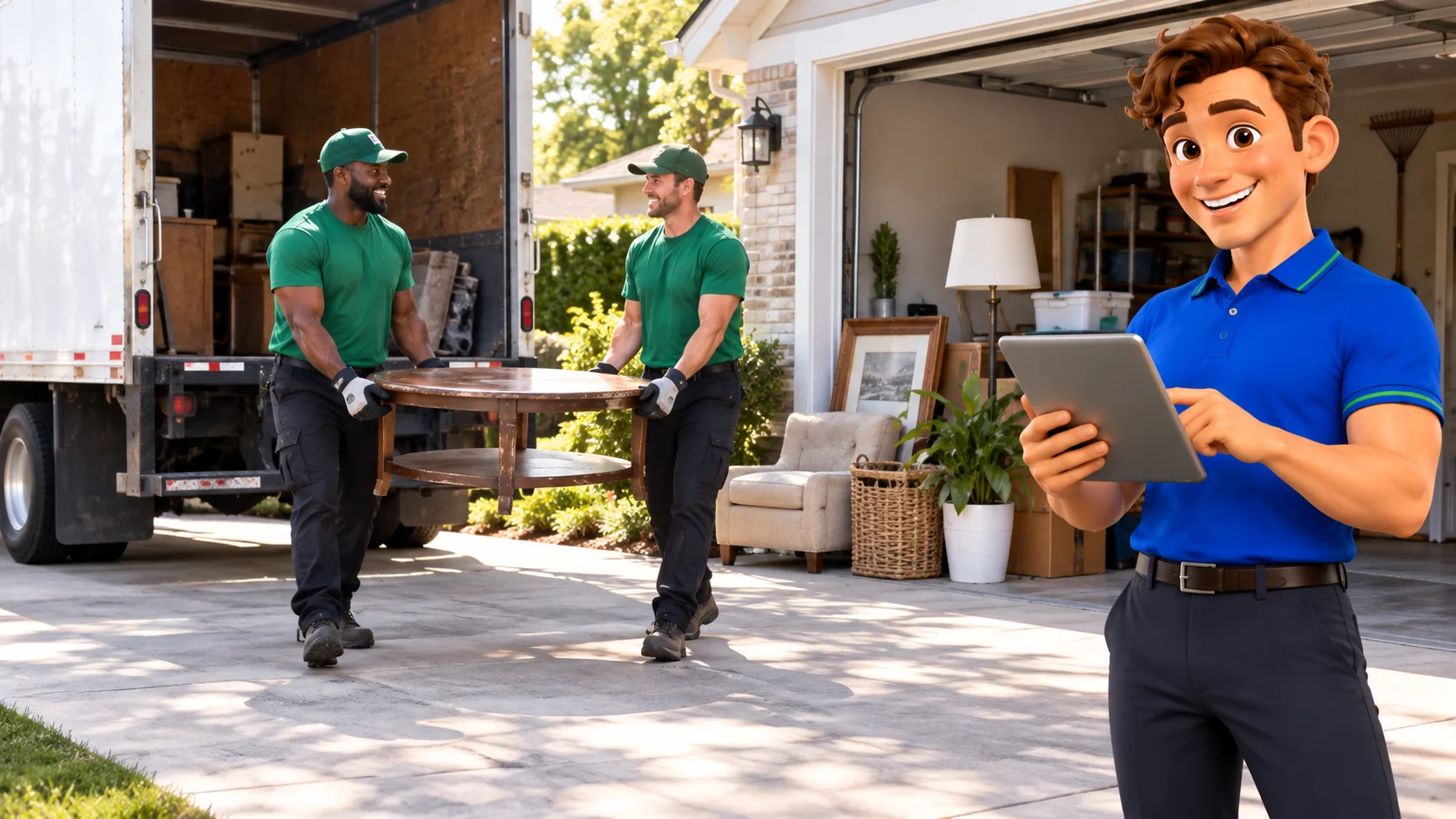 Clark beside junk removal workers carrying a coffee table from a garage to a service truck