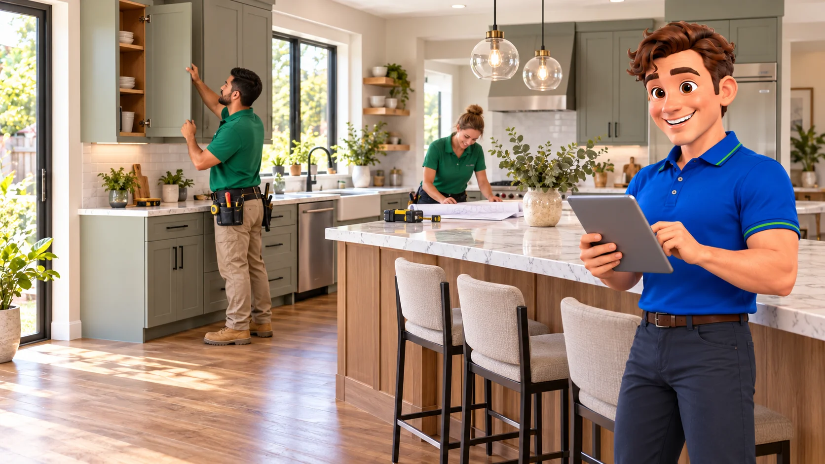 Clark with remodeling professionals fitting cabinetry in a spacious home kitchen