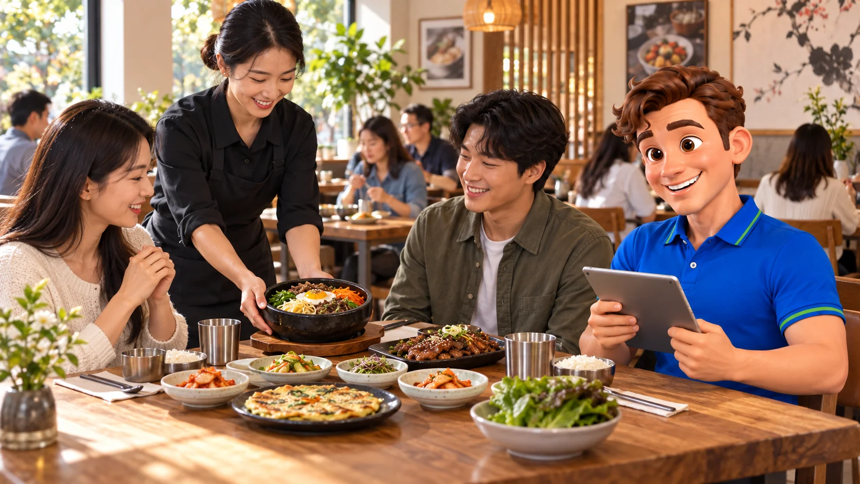 Clark with restaurant staff and guests at Korean restaurant premises
