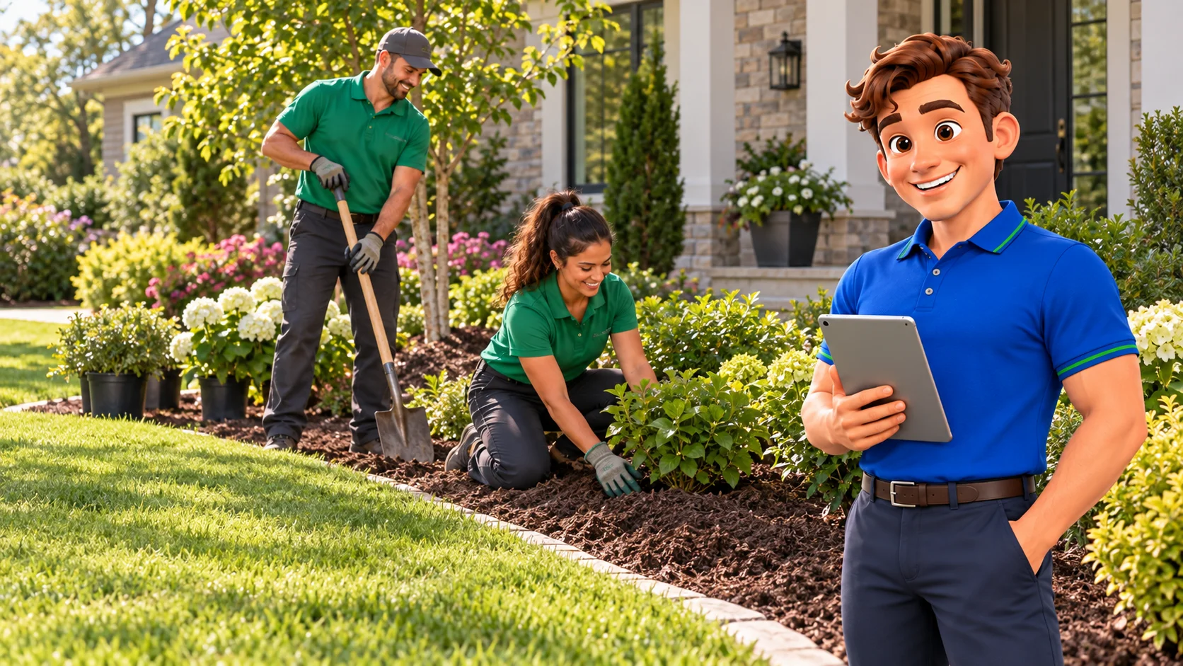 Clark with landscaping professionals planting shrubs in a residential garden