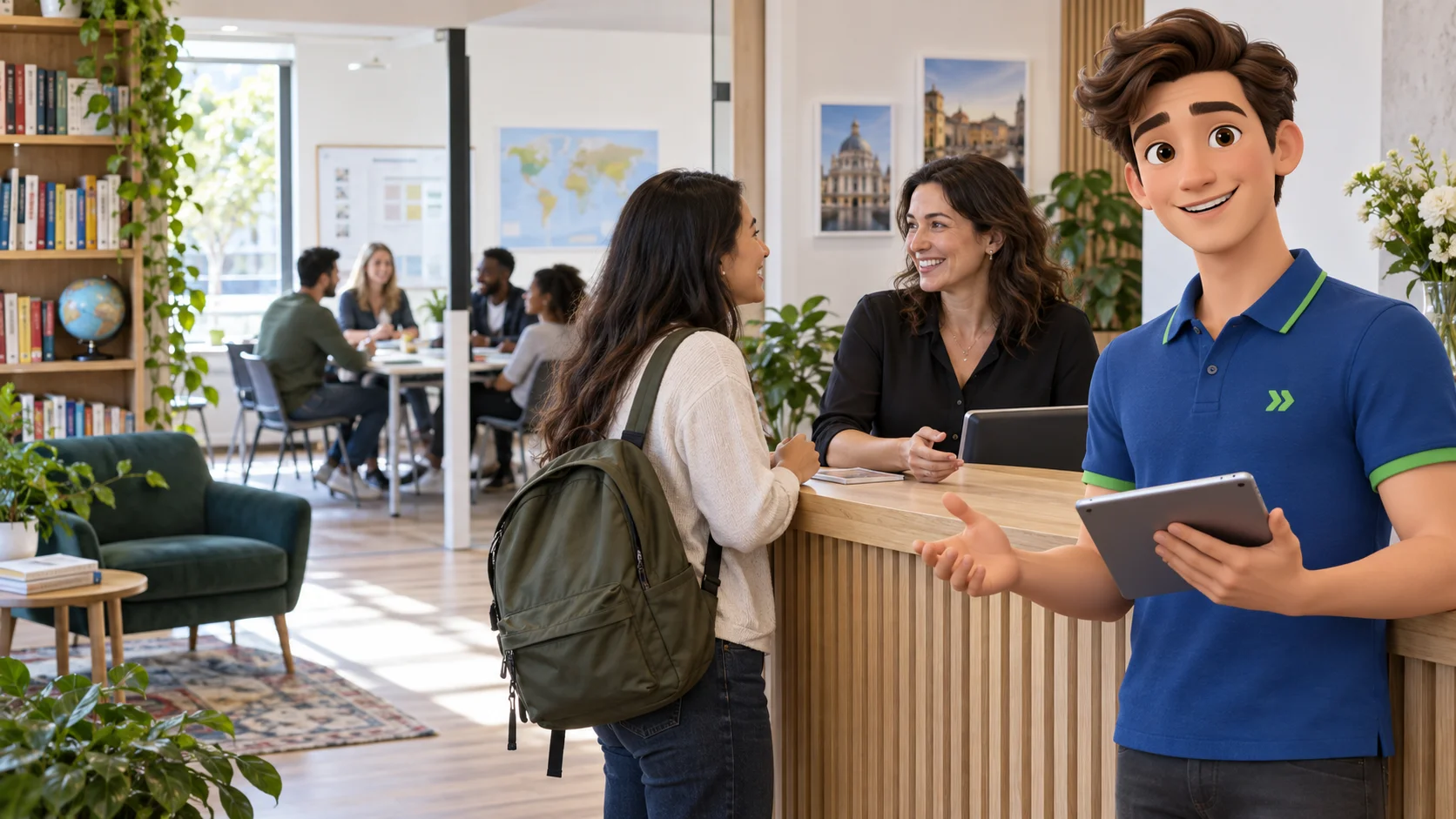 Clark with an independent language school owner and customer in a bright independent language school classroom reception