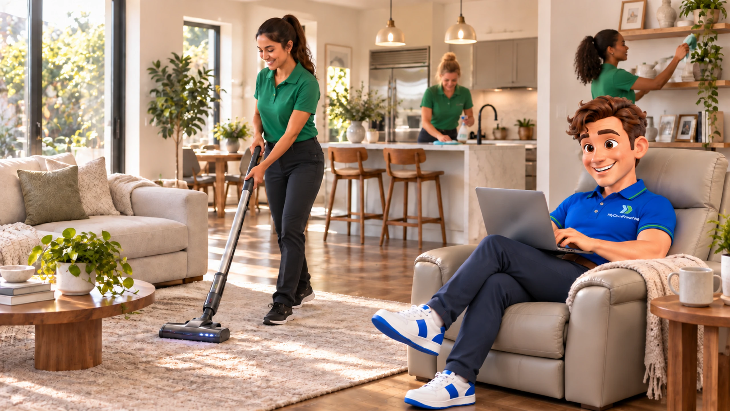 Clark beside a residential cleaning crew working in a bright home