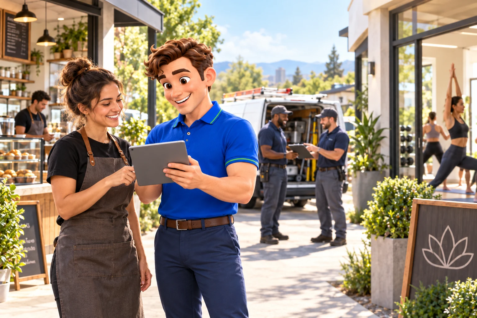Clark helps a local business owner review operations on a tablet, with other franchise businesses active nearby.