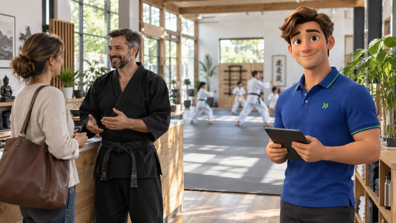 Clark with an independent martial arts school owner and customer in a bright independent martial arts school reception beside training mats