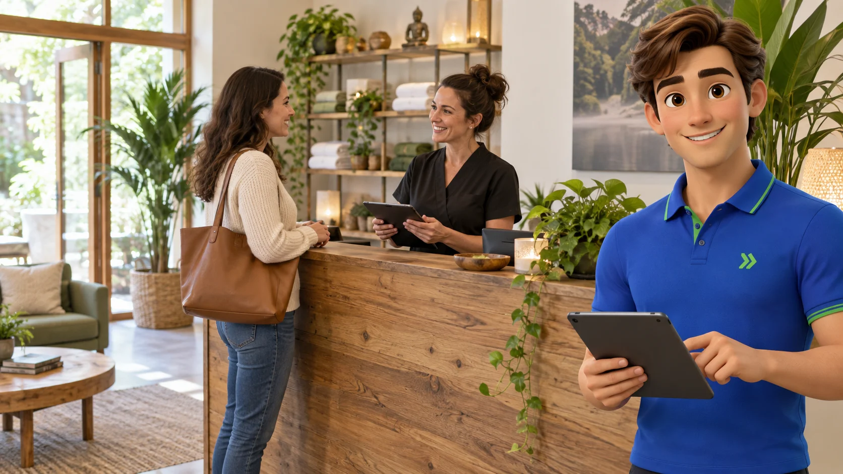 Clark with an independent massage studio owner and customer in a bright tranquil massage studio reception with real owner and fully clothed adult client chatting