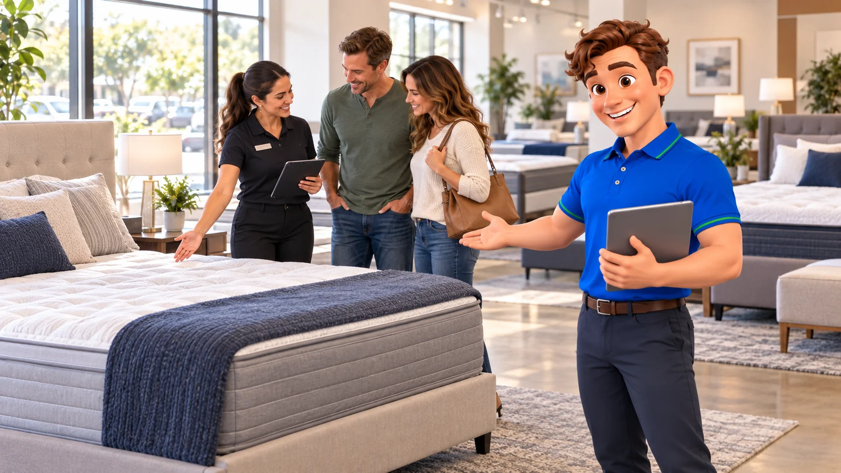 Clark with a mattress showroom associate comparing display beds with customers