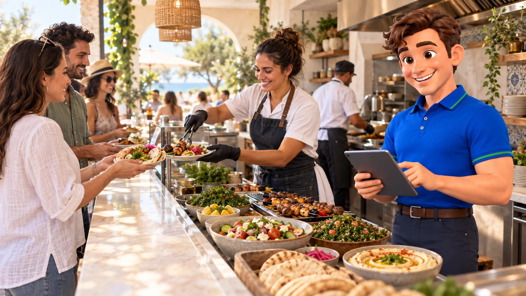 Clark with restaurant staff and guests at Mediterranean restaurant premises