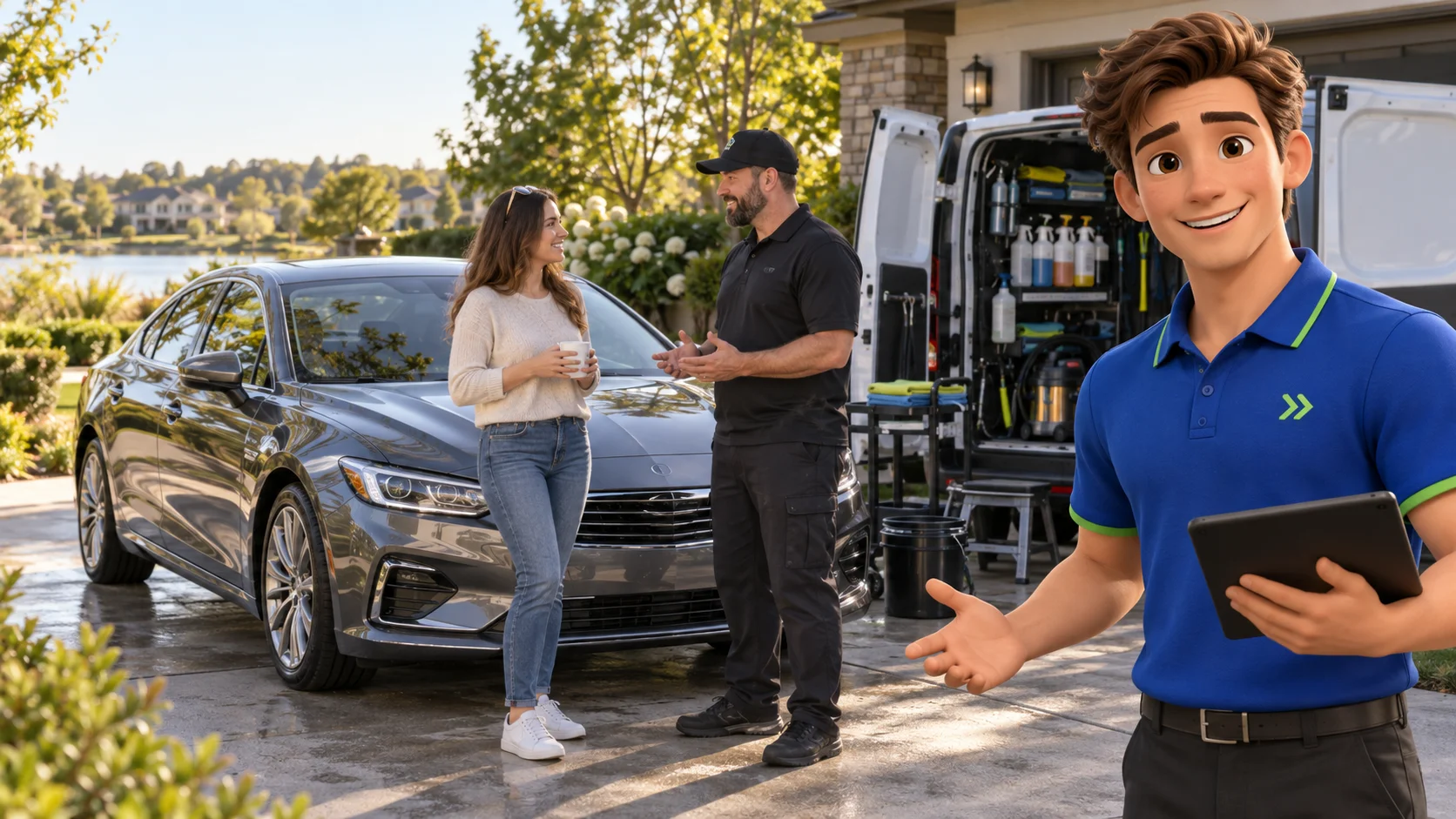 Clark with an independent mobile auto detailing business owner and customer in a real mobile detailing business owner and customer beside clean car in suburban driveway